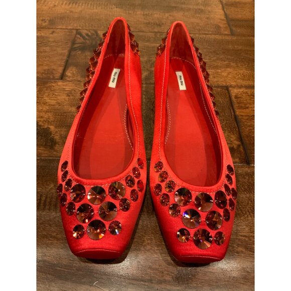 Miu Miu Red Jeweled Satin Square Toe Ballet Flats, NWOB!, Size 38 | 8 - Picture 1 of 9